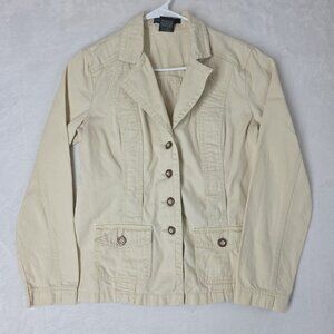 VTG French Cuff Size Med Cream Denim Jean Jacket Pockets Button Front Y2k READ